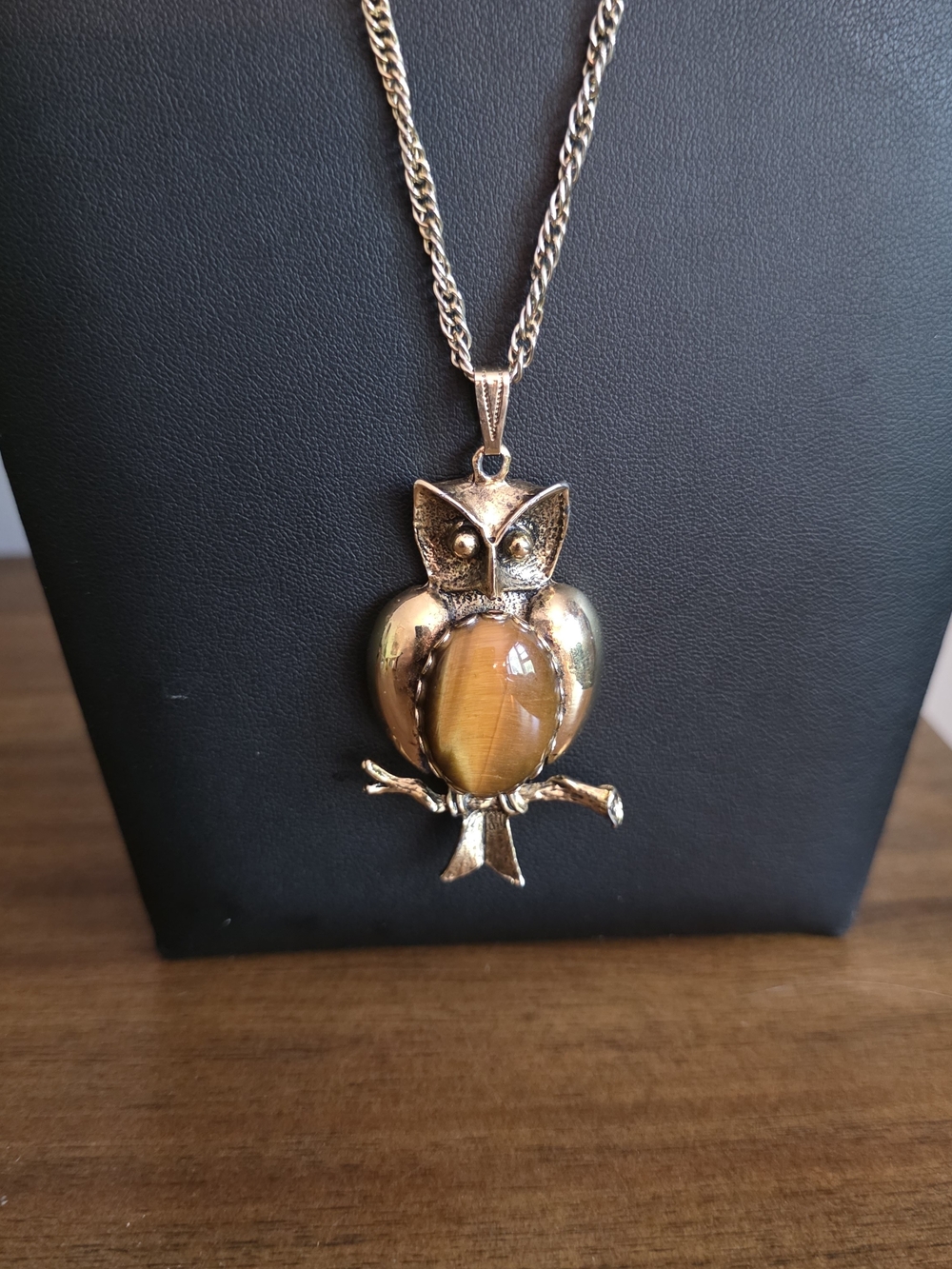Gold-Tone Owl Pendant Necklace with Tiger's Eye Accent